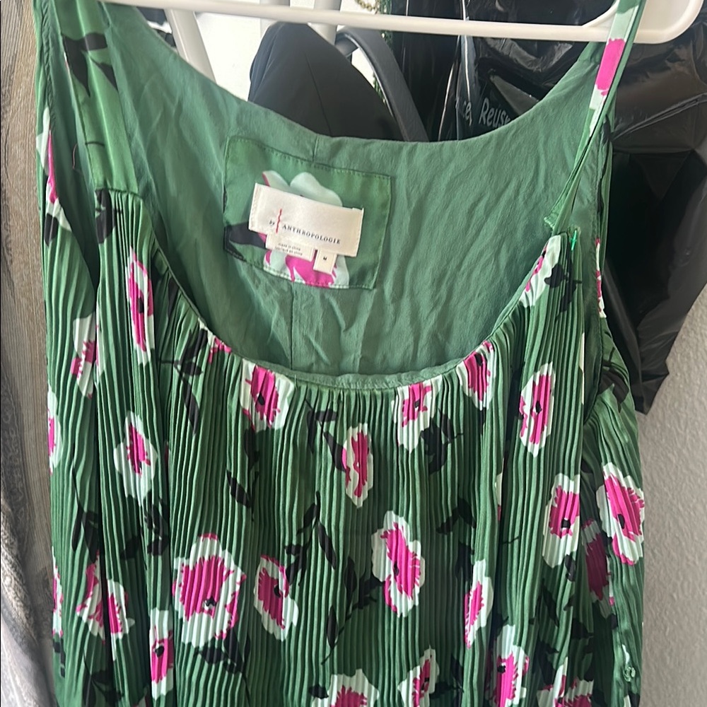 Anthropology Green Floral Pleated Dress